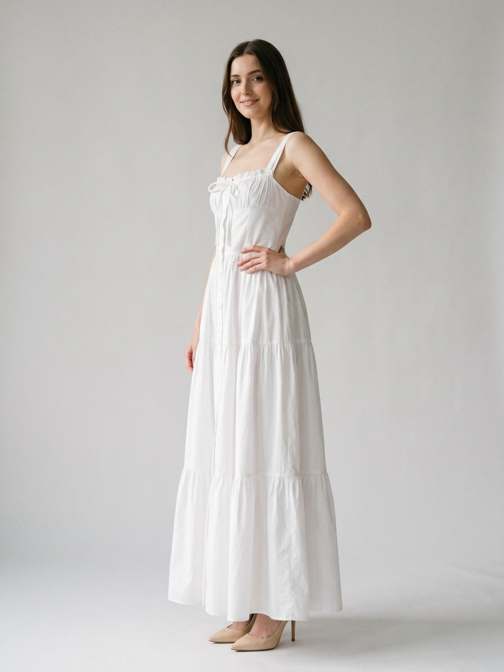 White Stretch Knit A-Line Square Neck Floor-Length Evening Dress