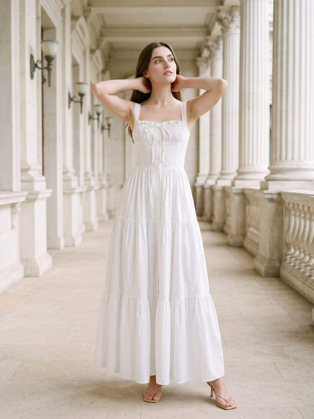 White Stretch Knit A-Line Square Neck Floor-Length Evening Dress