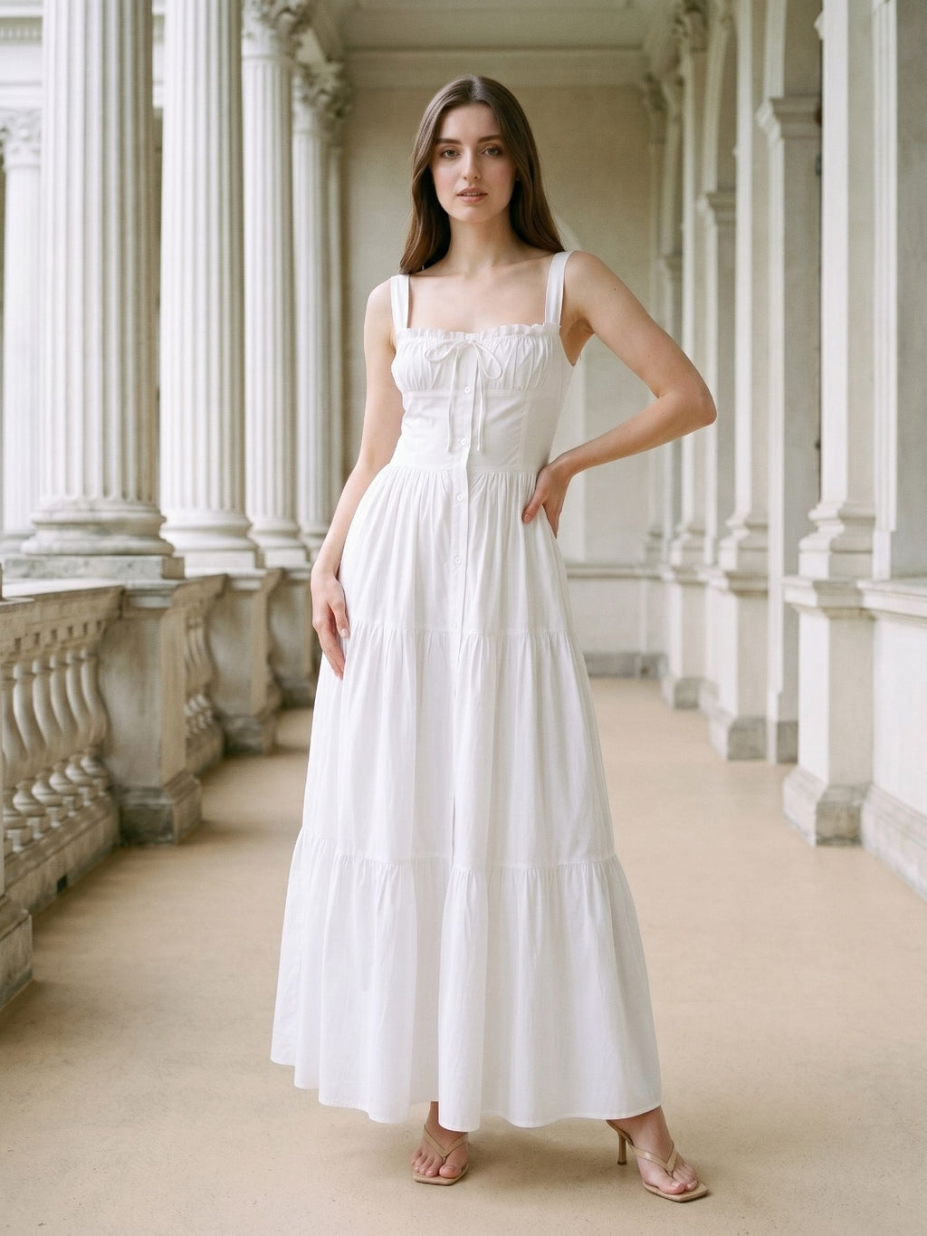 White Stretch Knit A-Line Square Neck Floor-Length Evening Dress