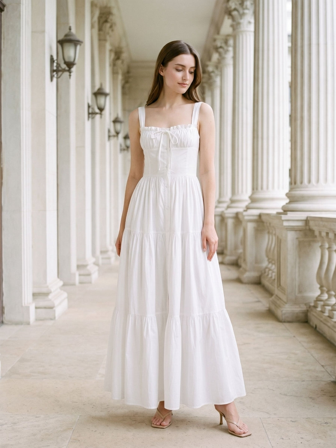 White Stretch Knit A-Line Square Neck Floor-Length Evening Dress