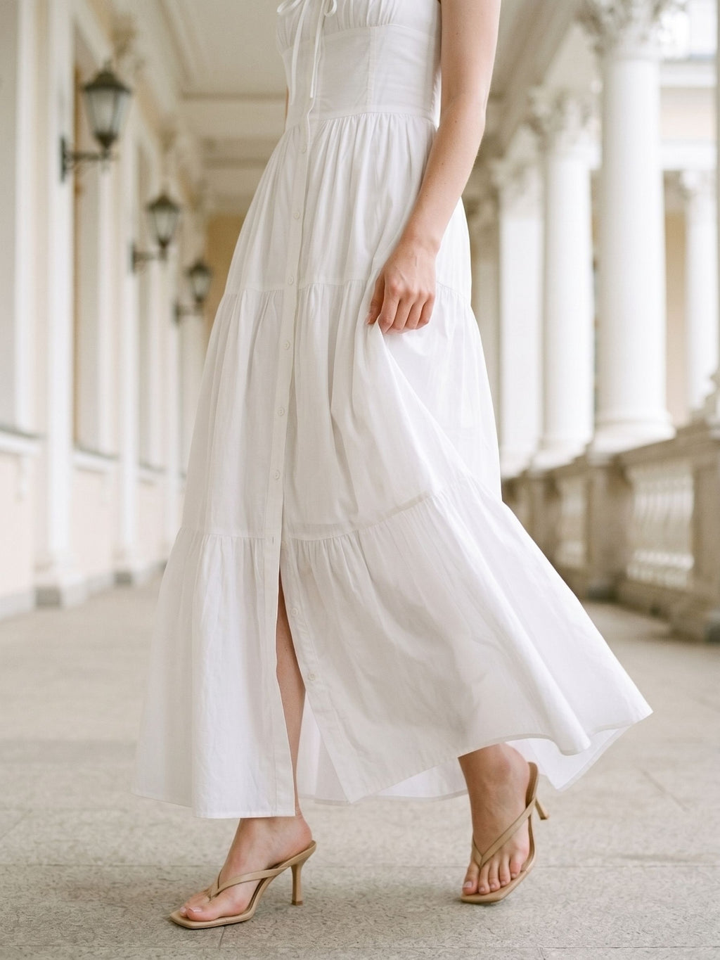 White Stretch Knit A-Line Square Neck Floor-Length Evening Dress