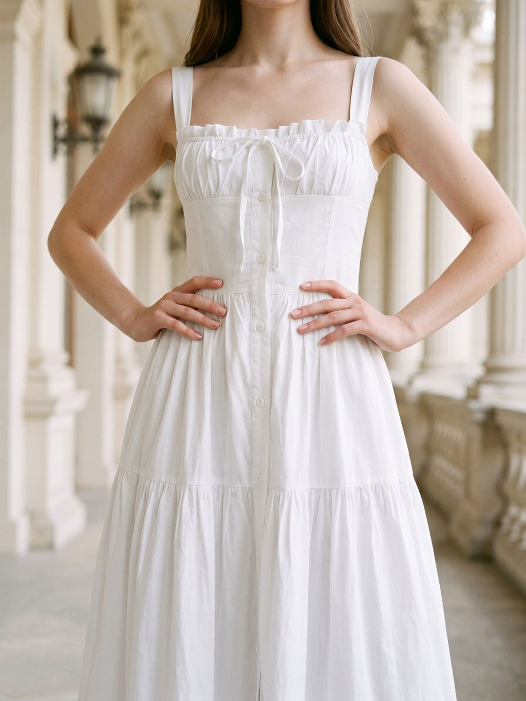 White Stretch Knit A-Line Square Neck Floor-Length Evening Dress