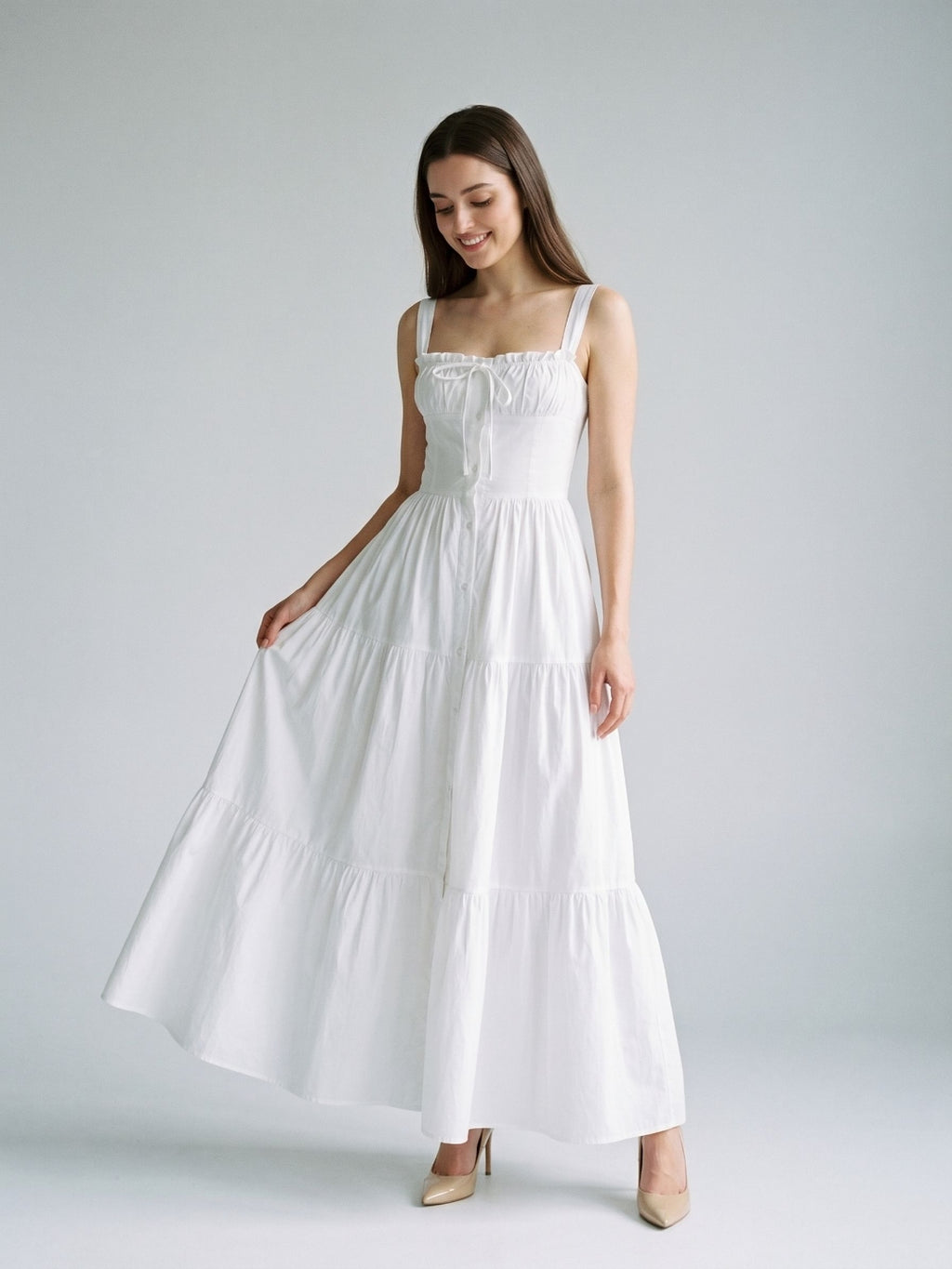 White Stretch Knit A-Line Square Neck Floor-Length Evening Dress