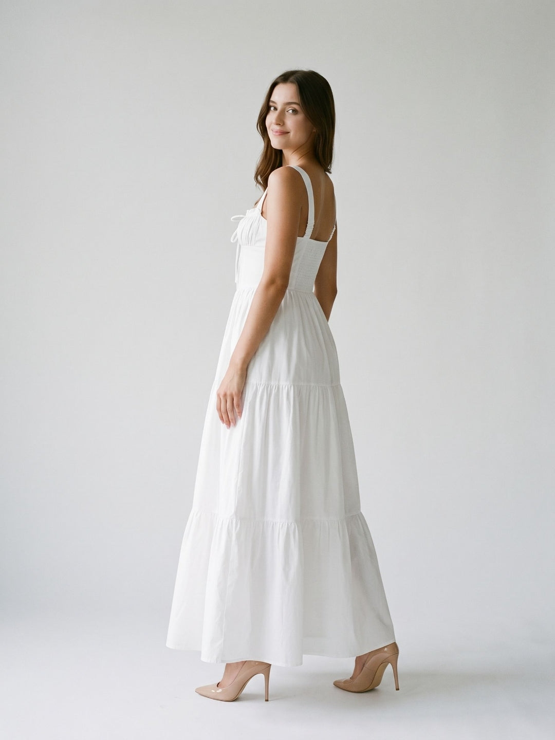 White Stretch Knit A-Line Square Neck Floor-Length Evening Dress