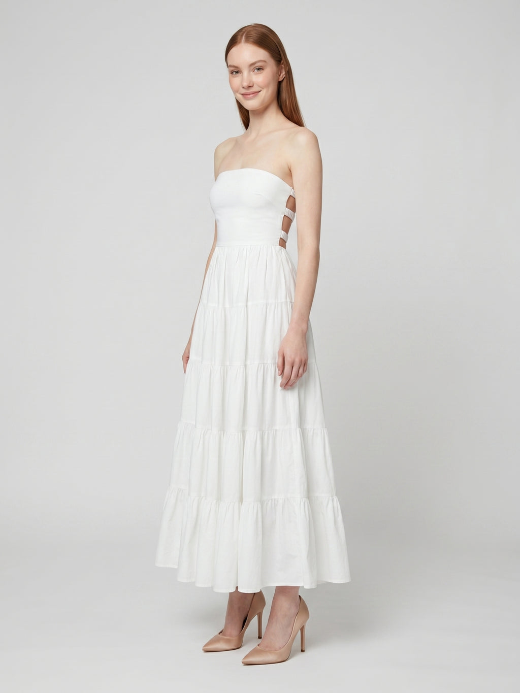 White Stretch Knit A-Line Straight Neck Backless Ankle-Length Pleated Dress