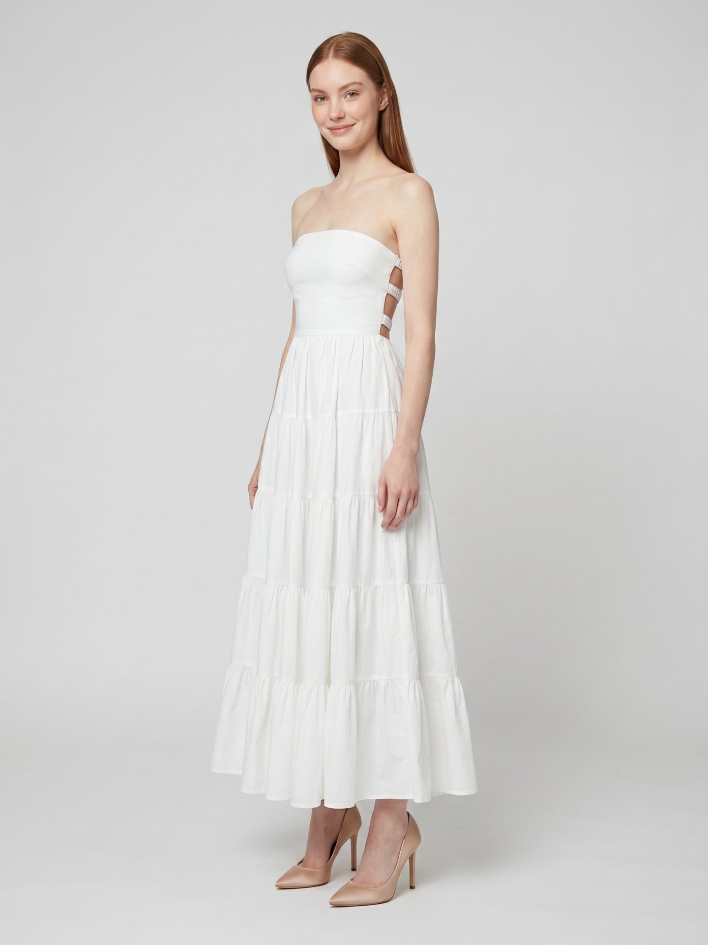 White Stretch Knit A-Line Straight Neck Backless Ankle-Length Pleated Dress