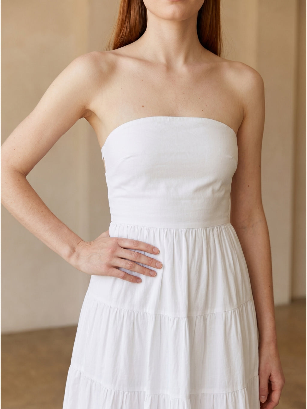 White Stretch Knit A-Line Straight Neck Backless Ankle-Length Pleated Dress