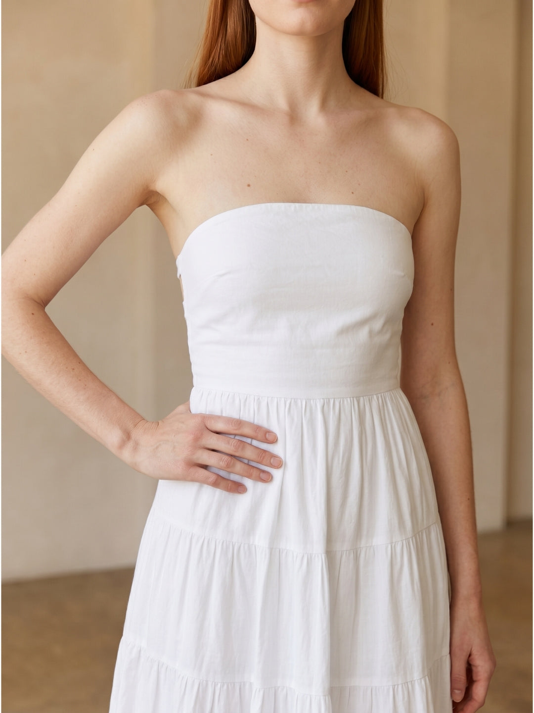 White Stretch Knit A-Line Straight Neck Backless Ankle-Length Pleated Dress