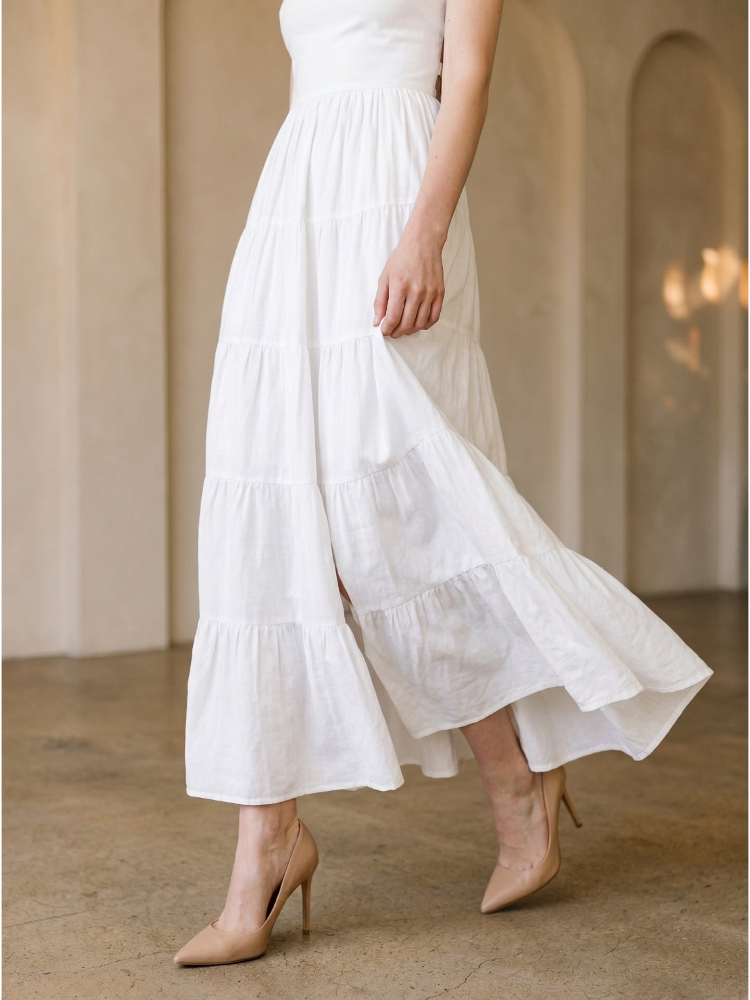 White Stretch Knit A-Line Straight Neck Backless Ankle-Length Pleated Dress