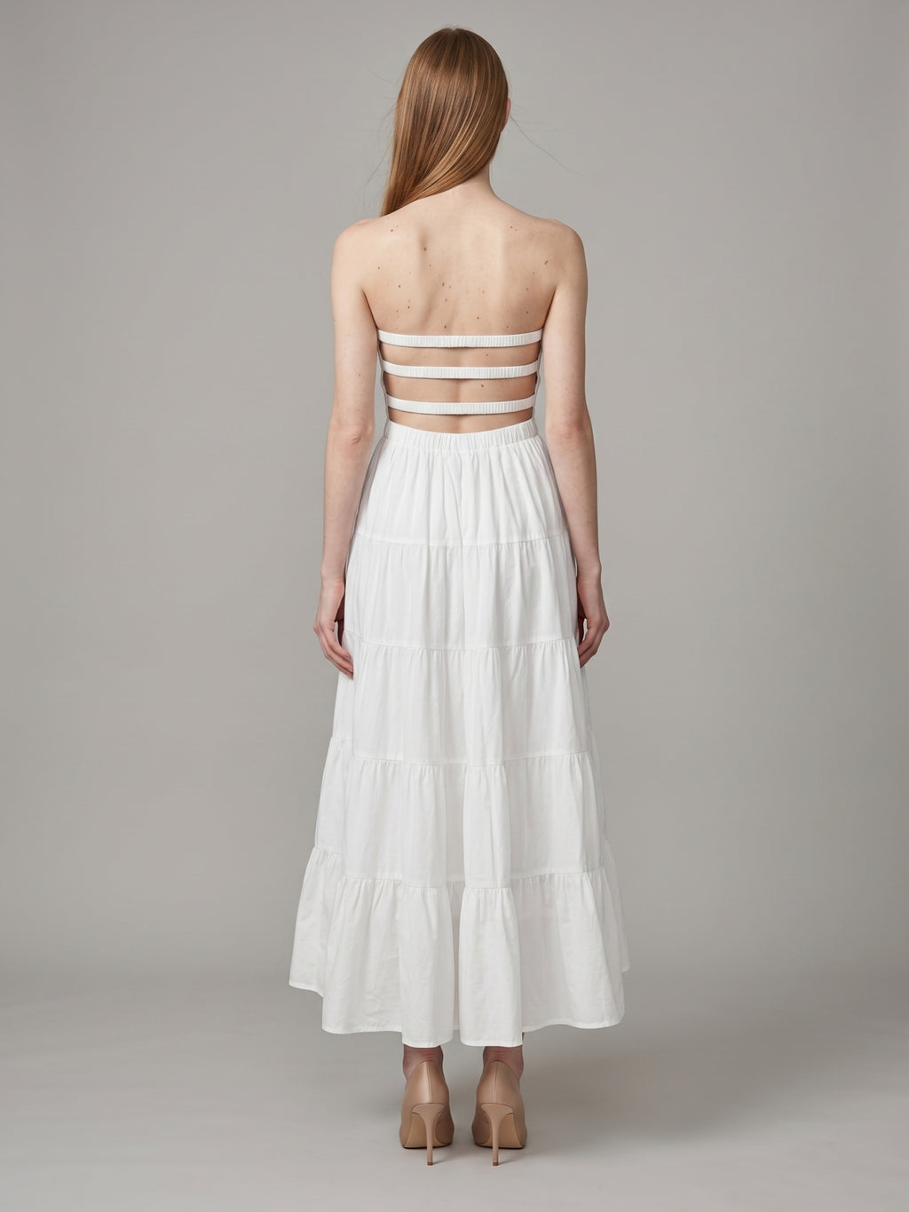 White Stretch Knit A-Line Straight Neck Backless Ankle-Length Pleated Dress