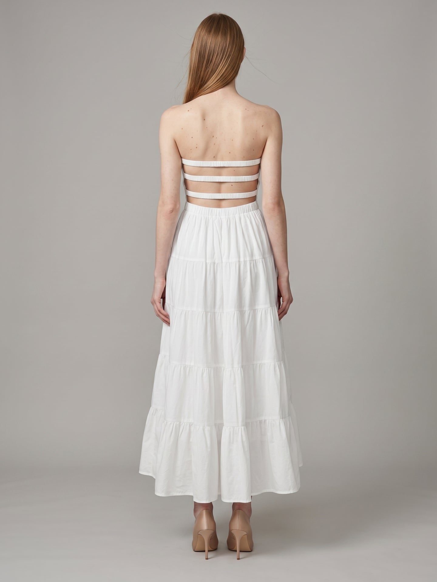 White Stretch Knit A-Line Straight Neck Backless Ankle-Length Pleated Dress