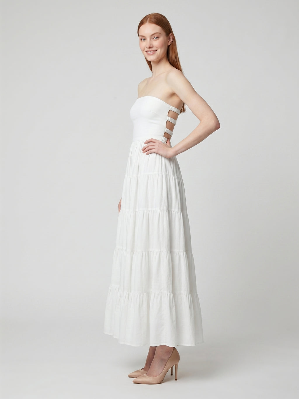 White Stretch Knit A-Line Straight Neck Backless Ankle-Length Pleated Dress