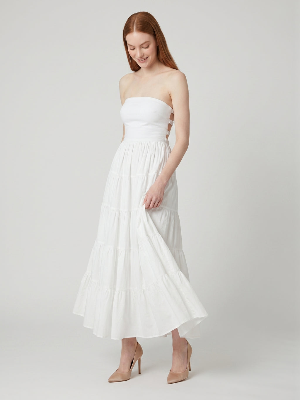 White Stretch Knit A-Line Straight Neck Backless Ankle-Length Pleated Dress