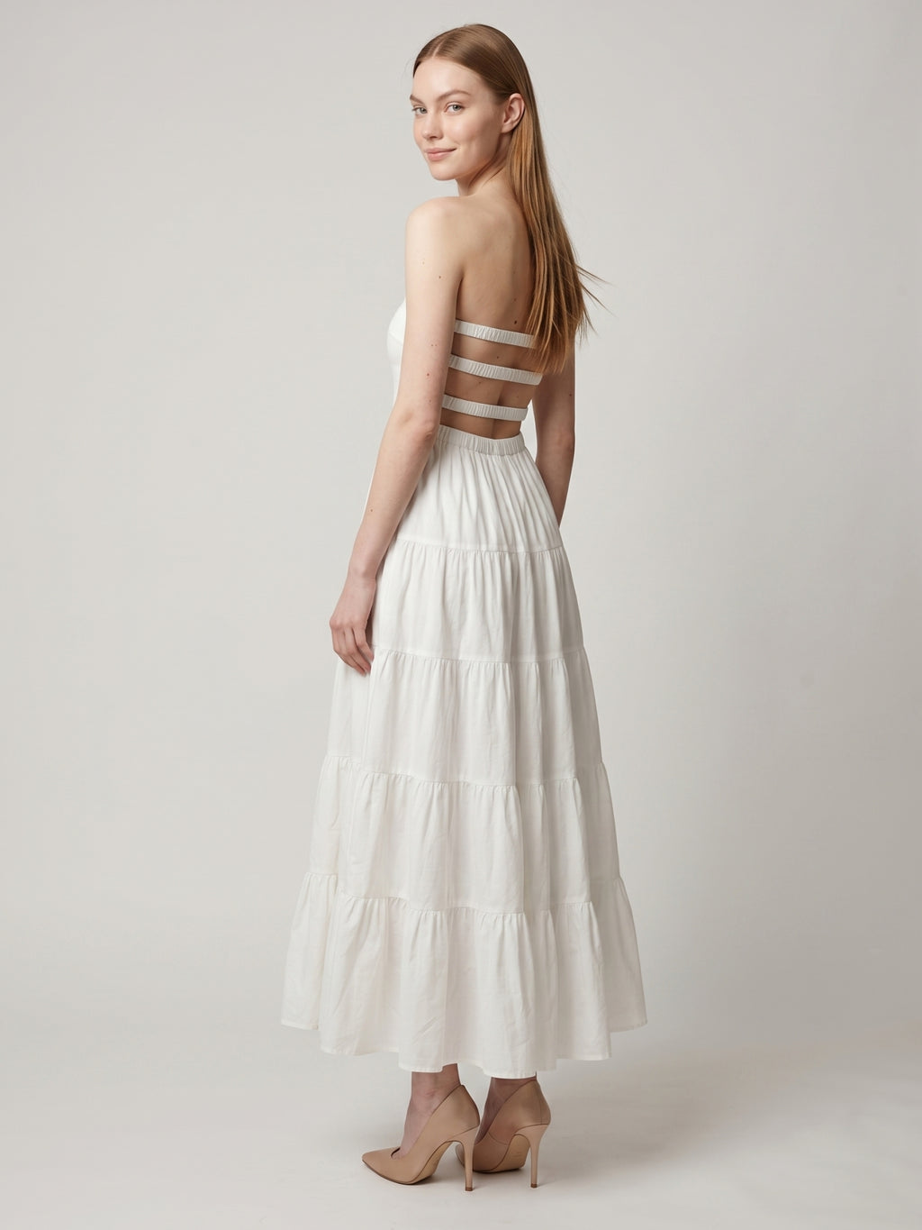 White Stretch Knit A-Line Straight Neck Backless Ankle-Length Pleated Dress