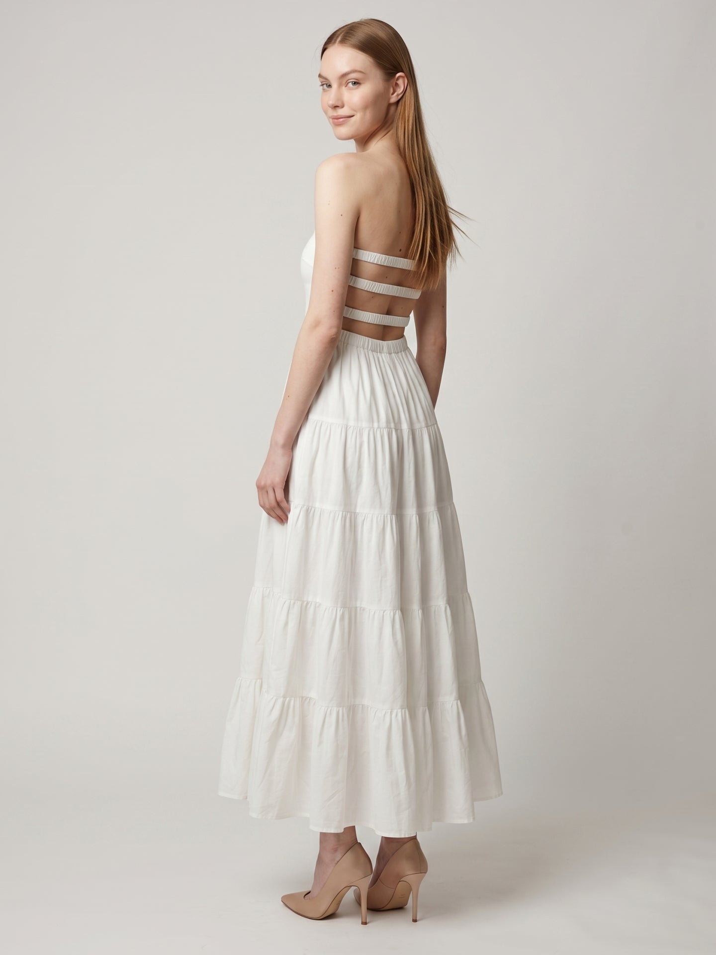 White Stretch Knit A-Line Straight Neck Backless Ankle-Length Pleated Dress