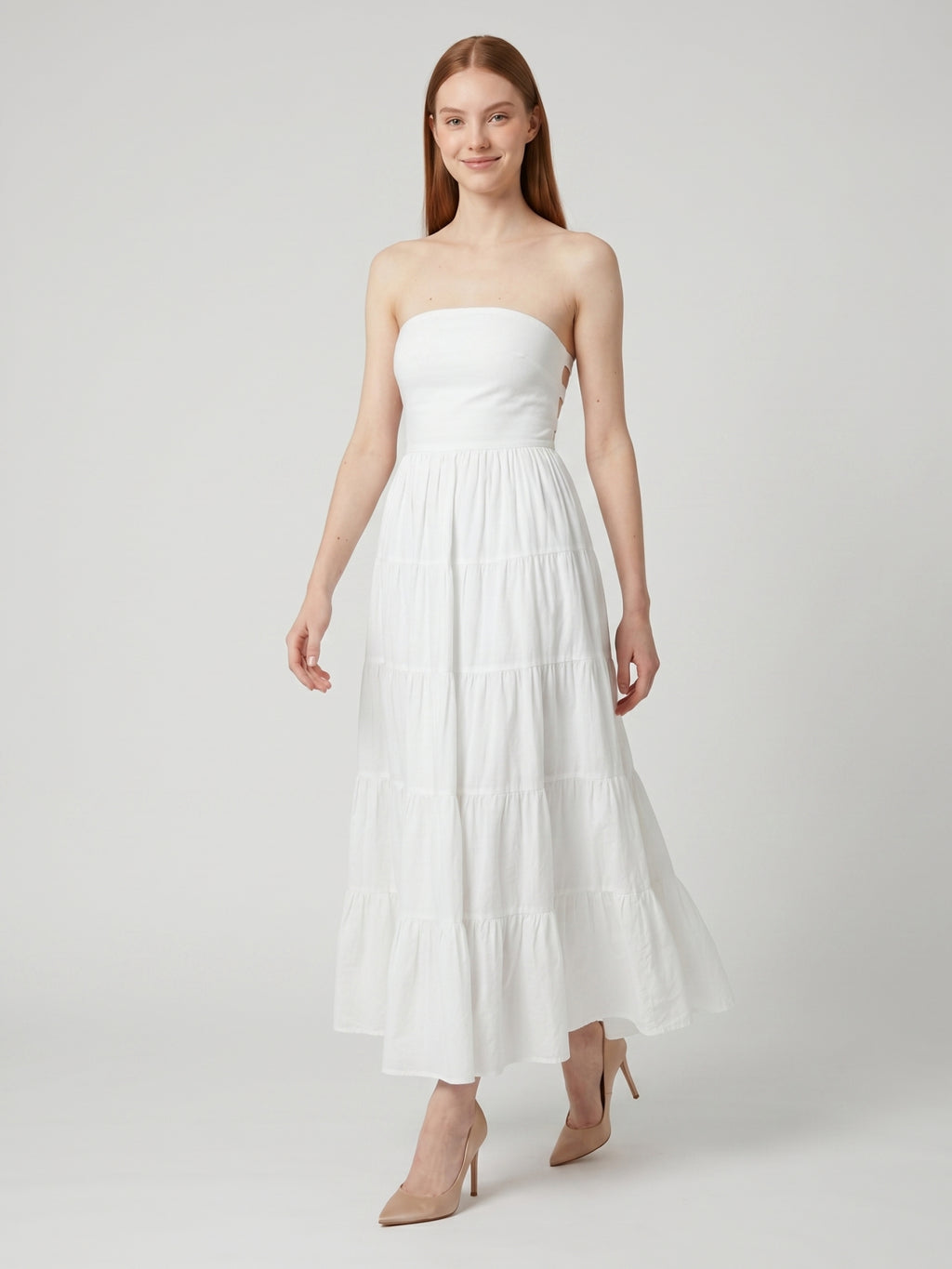 White Stretch Knit A-Line Straight Neck Backless Ankle-Length Pleated Dress