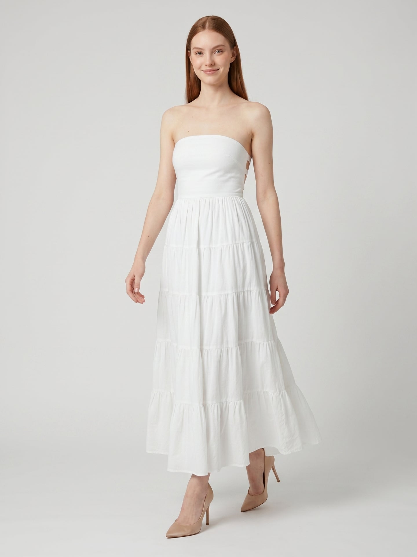 White Stretch Knit A-Line Straight Neck Backless Ankle-Length Pleated Dress