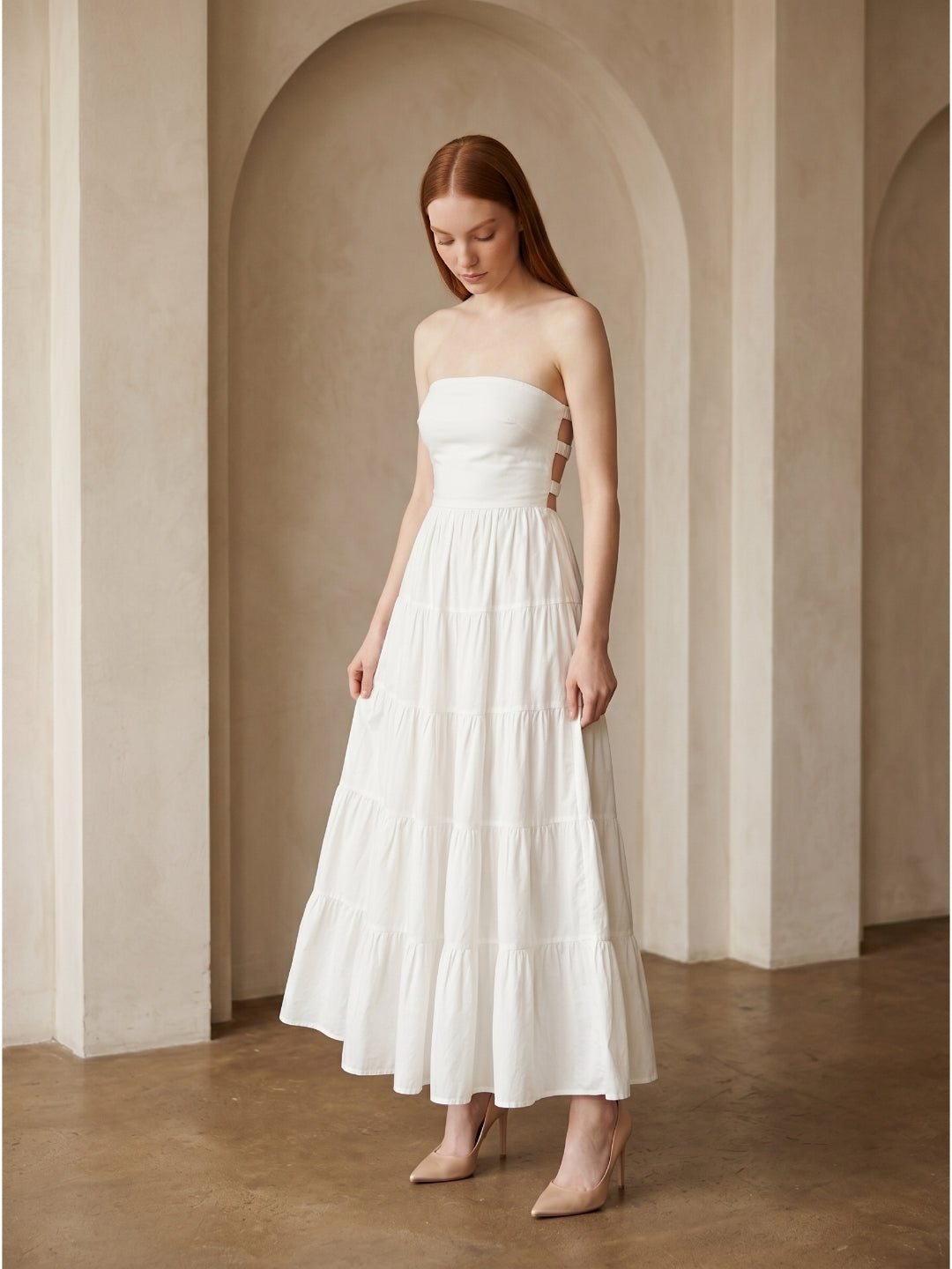 White Stretch Knit A-Line Straight Neck Backless Ankle-Length Pleated Dress