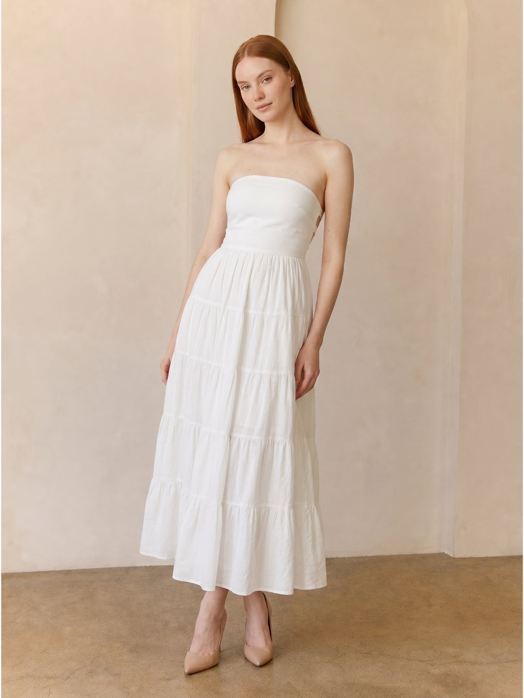 White Stretch Knit A-Line Straight Neck Backless Ankle-Length Pleated Dress