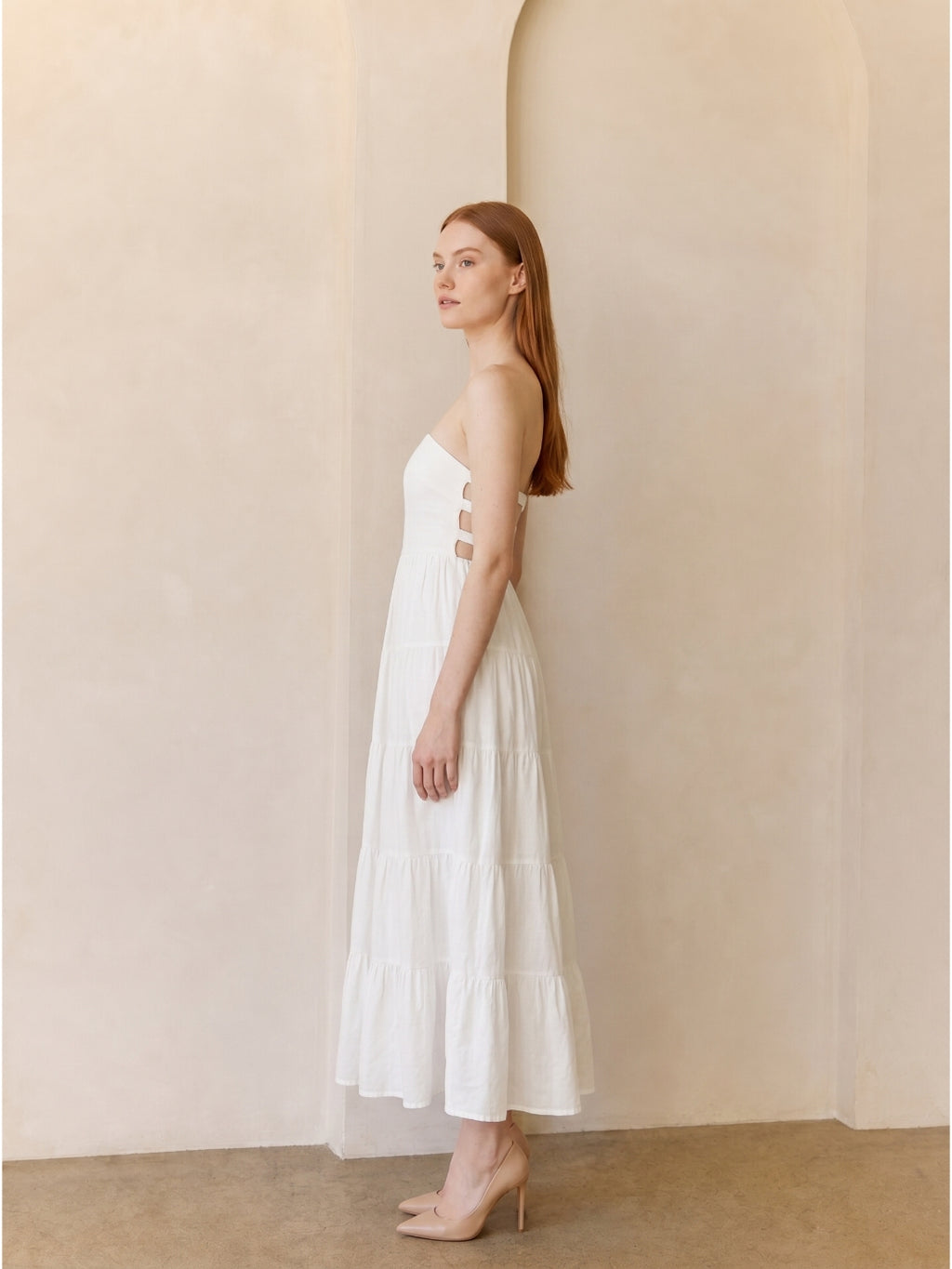 White Stretch Knit A-Line Straight Neck Backless Ankle-Length Pleated Dress
