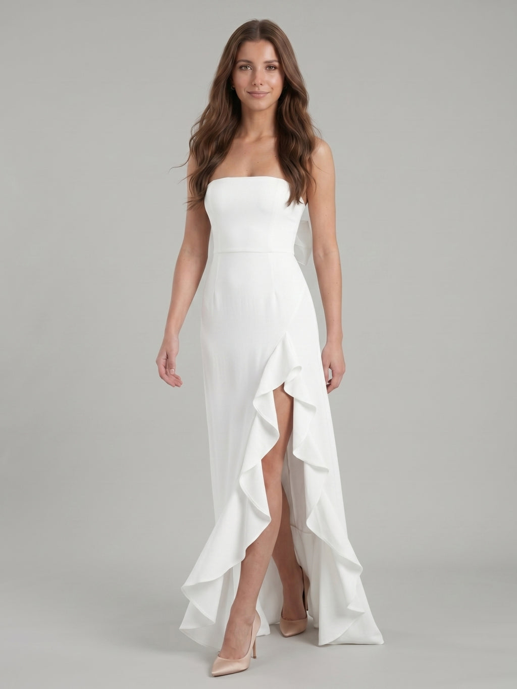 White Stretch Knit A-Line Straight Neck Backless Asymmetrical Bridesmaid Dress with Bow