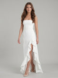 White Stretch Knit A-Line Straight Neck Backless Asymmetrical Bridesmaid Dress with Bow
