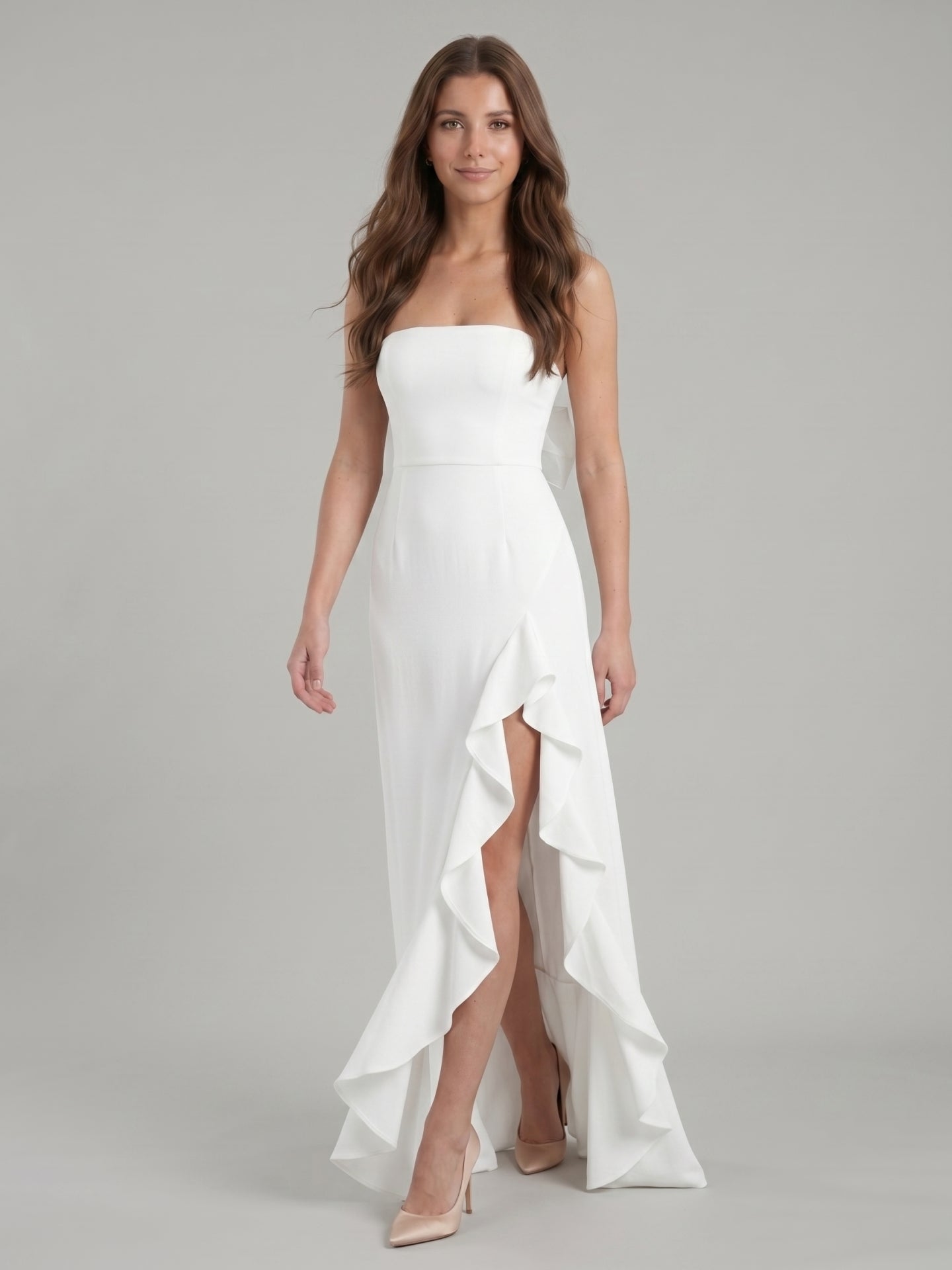 White Stretch Knit A-Line Straight Neck Backless Asymmetrical Bridesmaid Dress with Bow