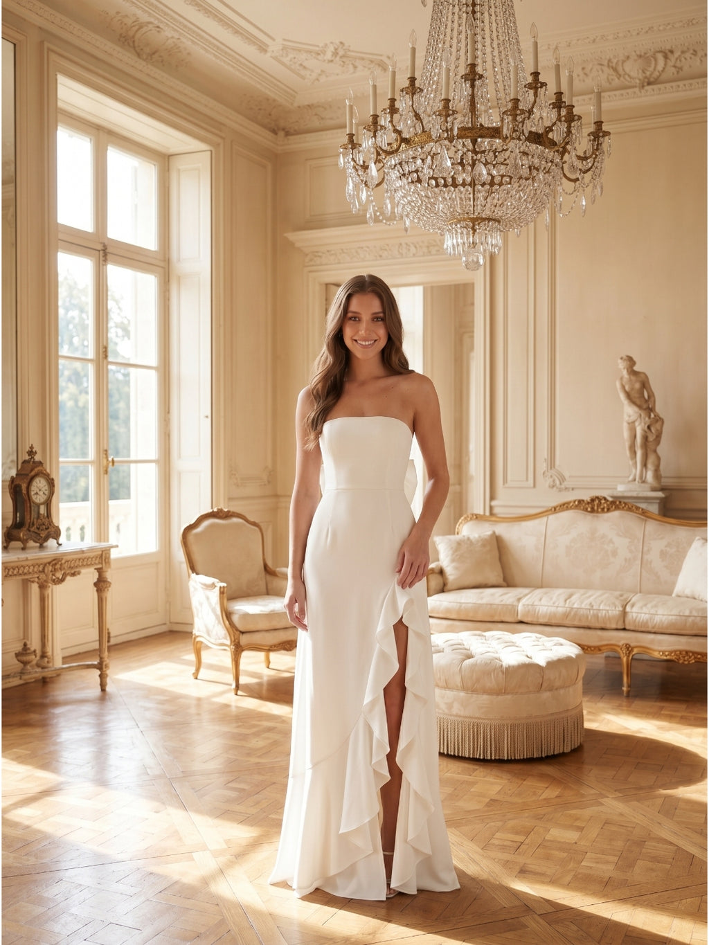 White Stretch Knit A-Line Straight Neck Backless Asymmetrical Bridesmaid Dress with Bow