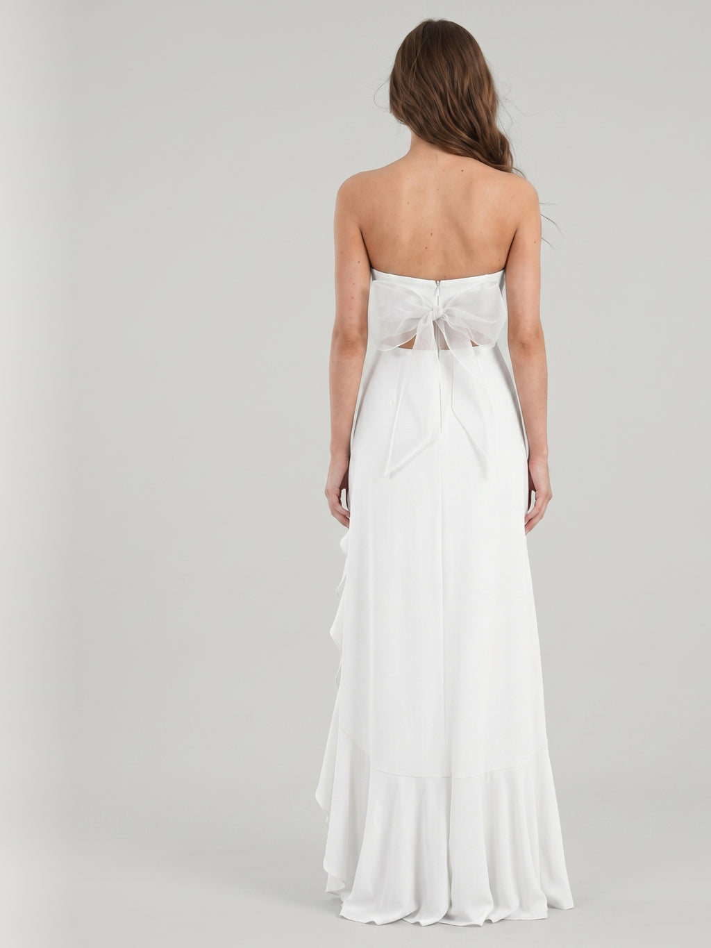 White Stretch Knit A-Line Straight Neck Backless Asymmetrical Bridesmaid Dress with Bow