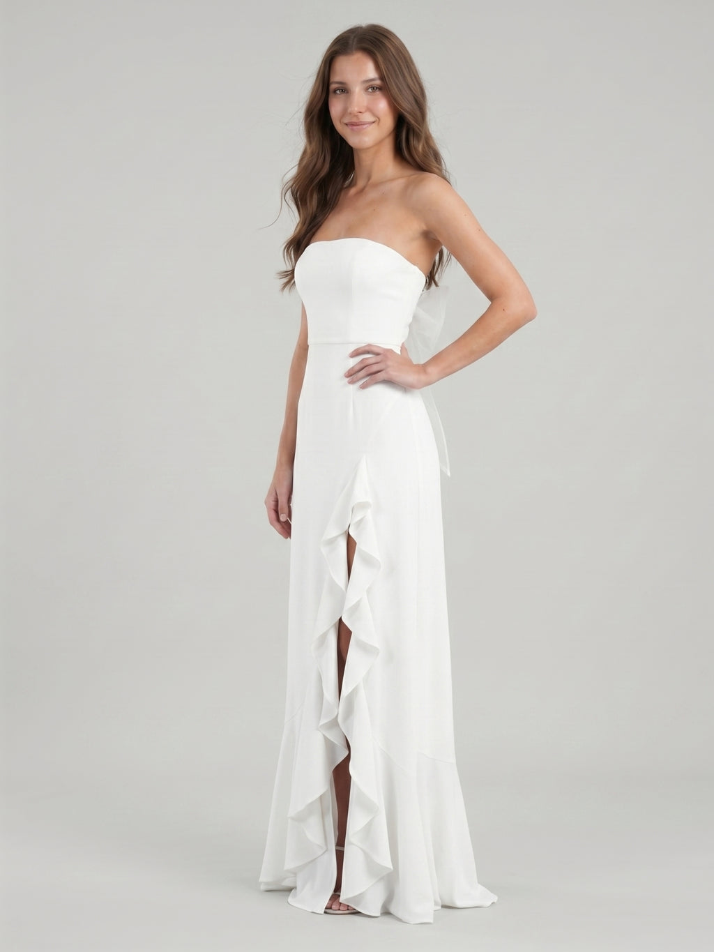 White Stretch Knit A-Line Straight Neck Backless Asymmetrical Bridesmaid Dress with Bow