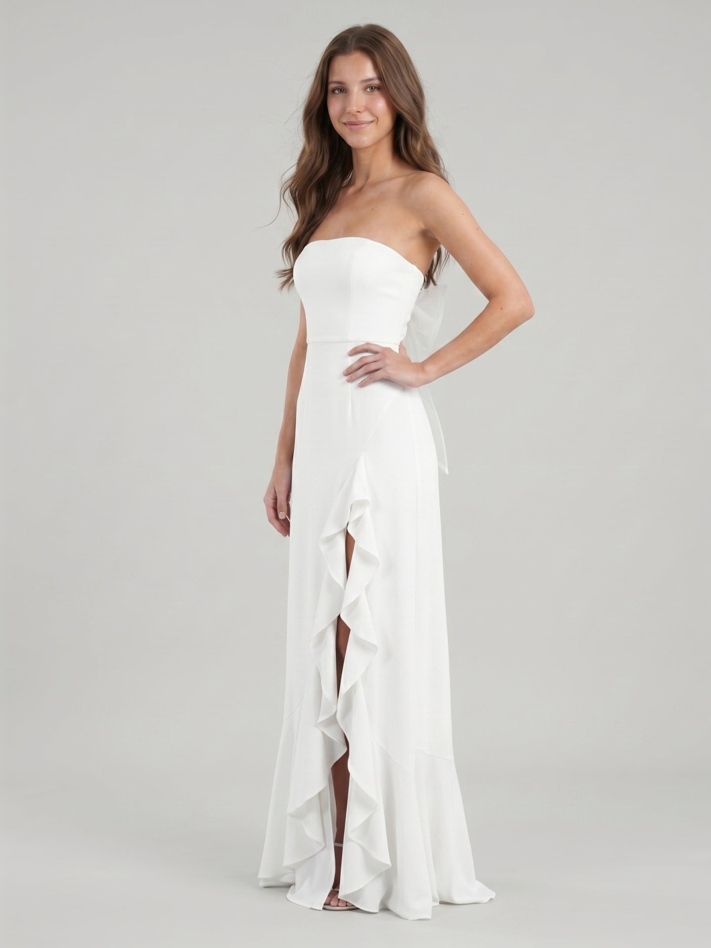 White Stretch Knit A-Line Straight Neck Backless Asymmetrical Bridesmaid Dress with Bow