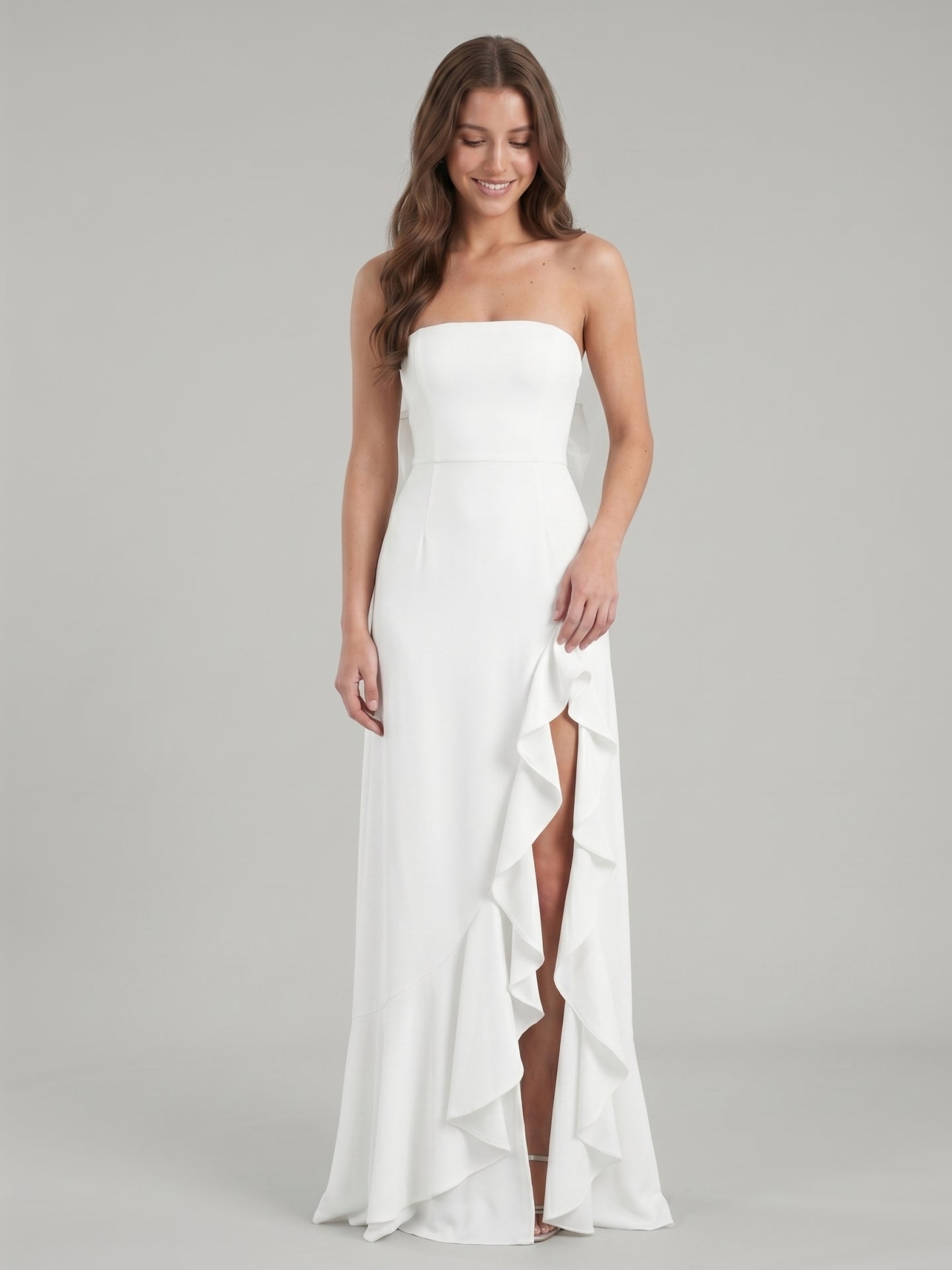 White Stretch Knit A-Line Straight Neck Backless Asymmetrical Bridesmaid Dress with Bow