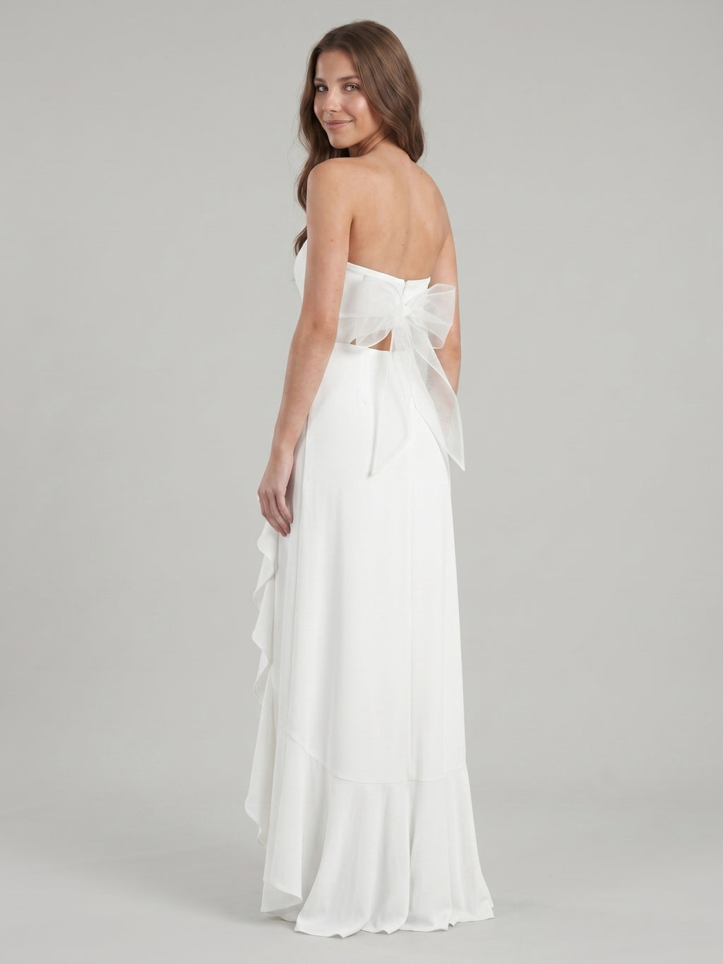 White Stretch Knit A-Line Straight Neck Backless Asymmetrical Bridesmaid Dress with Bow