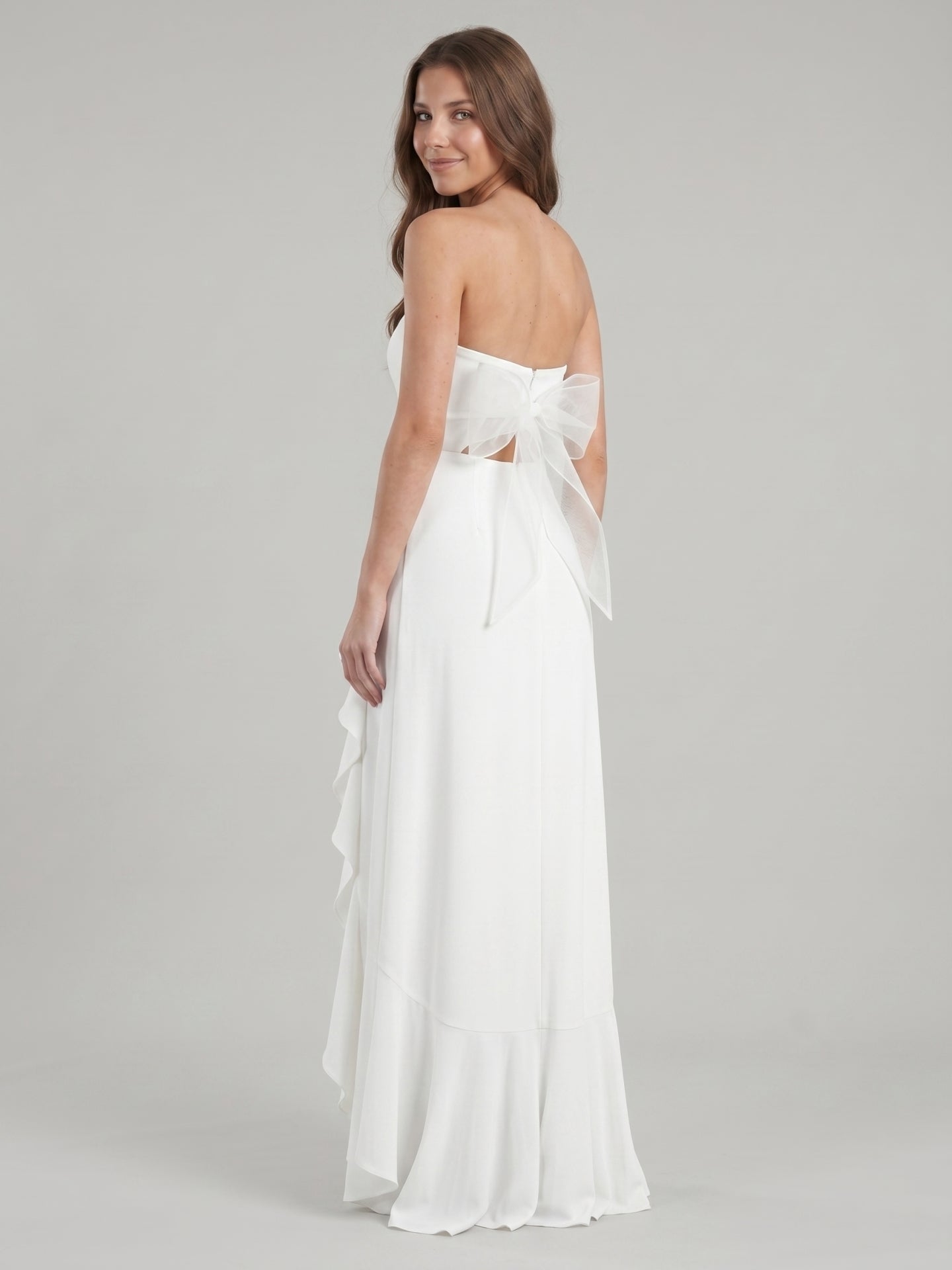 White Stretch Knit A-Line Straight Neck Backless Asymmetrical Bridesmaid Dress with Bow