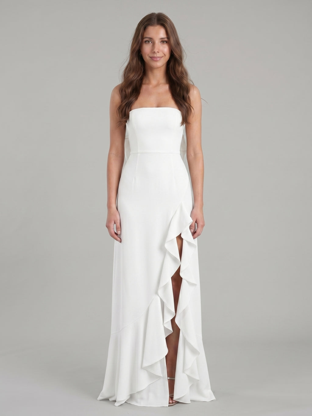 White Stretch Knit A-Line Straight Neck Backless Asymmetrical Bridesmaid Dress with Bow
