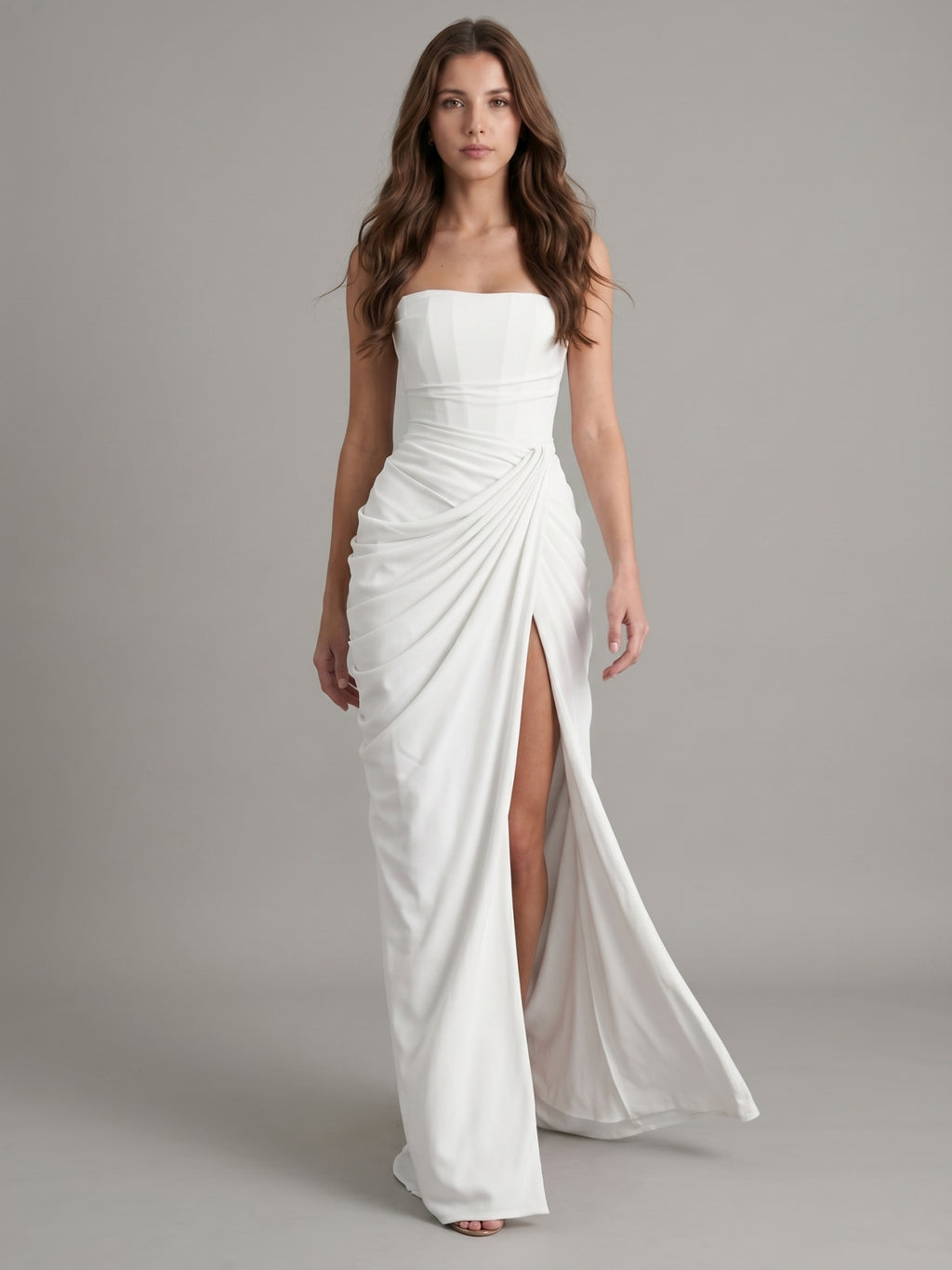 White Stretch Knit A-Line Straight Neck Corset Back Floor-Length Bridesmaid Dress with Pleats