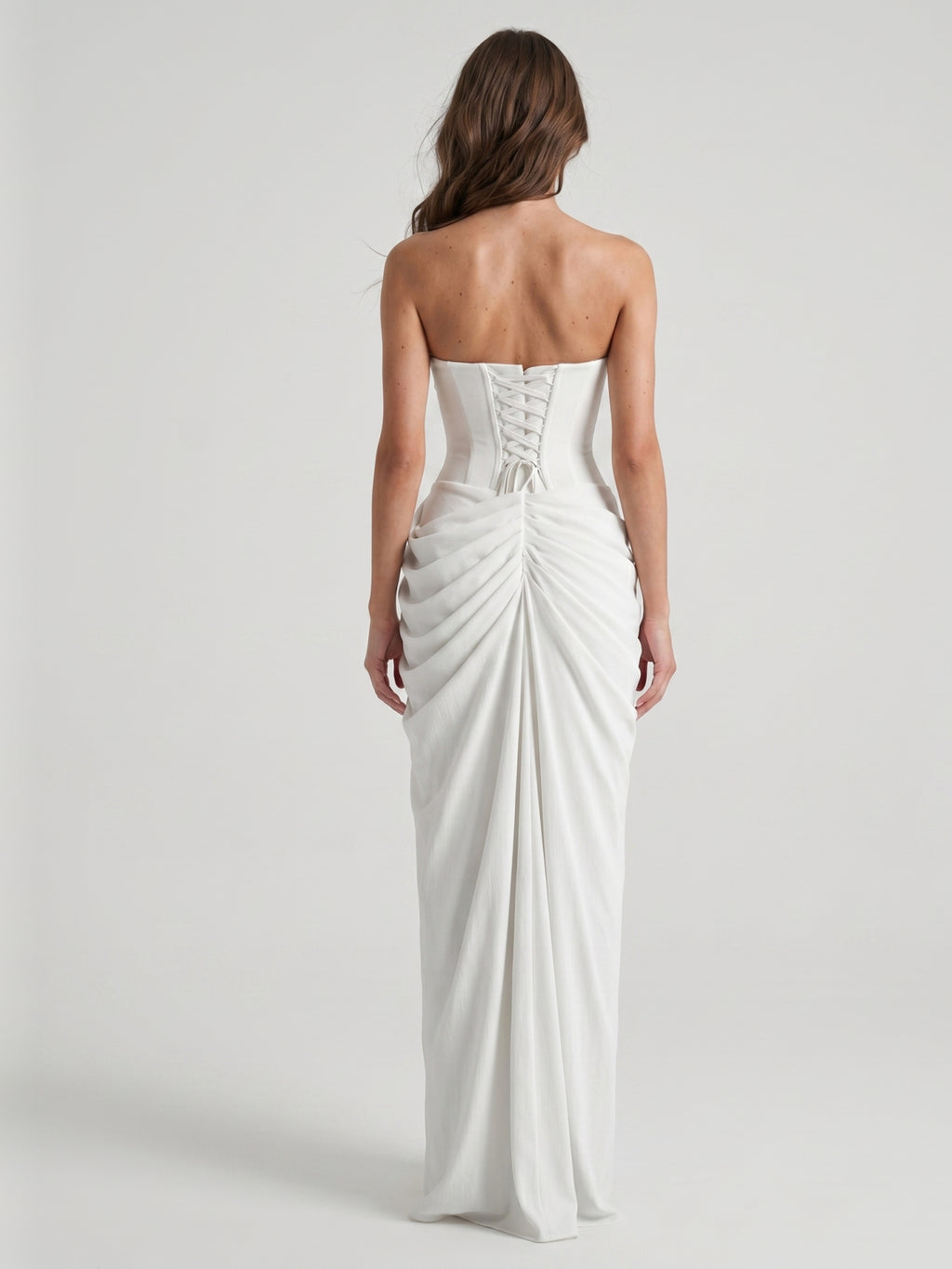 White Stretch Knit A-Line Straight Neck Corset Back Floor-Length Bridesmaid Dress with Pleats