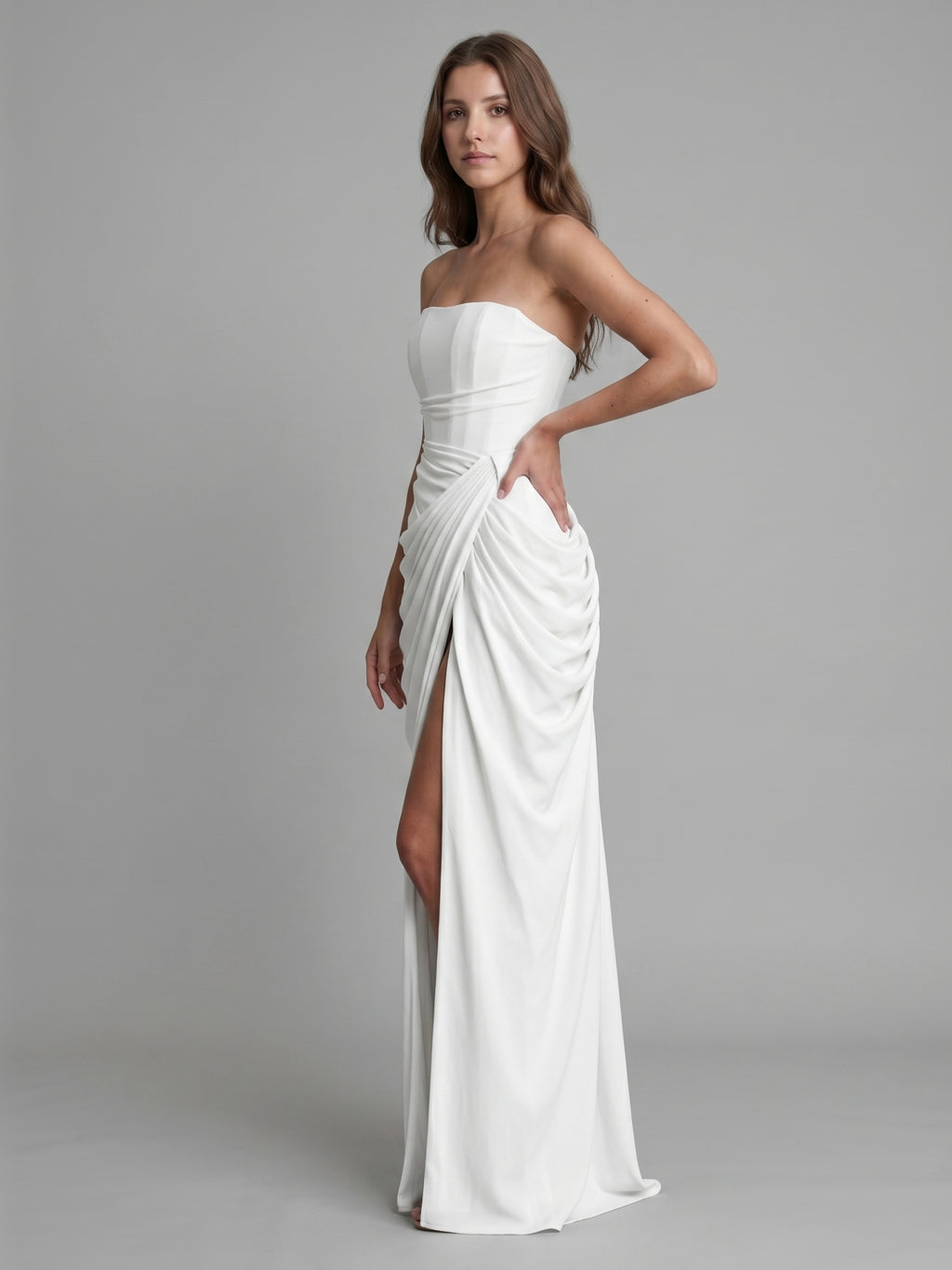 White Stretch Knit A-Line Straight Neck Corset Back Floor-Length Bridesmaid Dress with Pleats