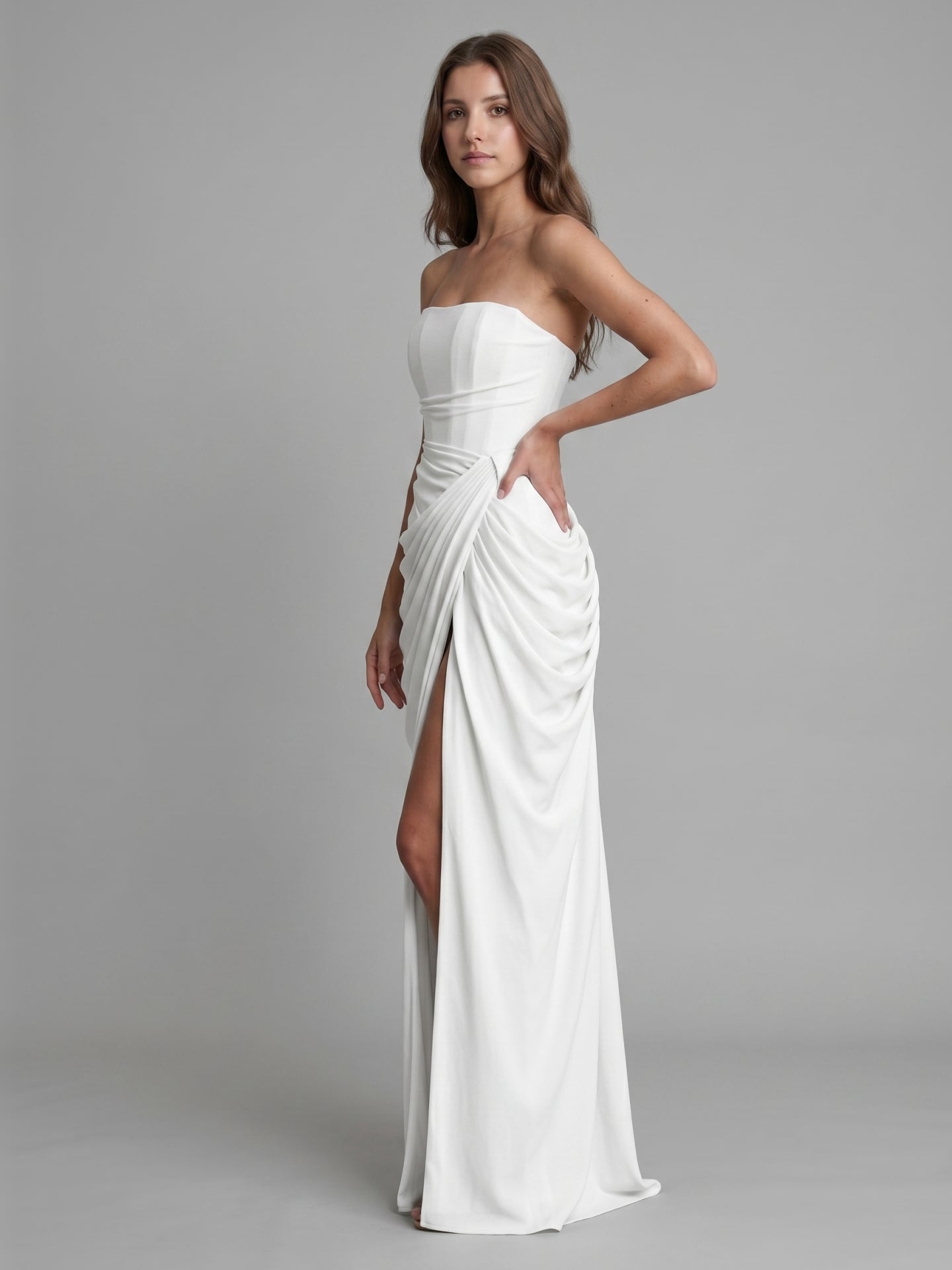 White Stretch Knit A-Line Straight Neck Corset Back Floor-Length Bridesmaid Dress with Pleats