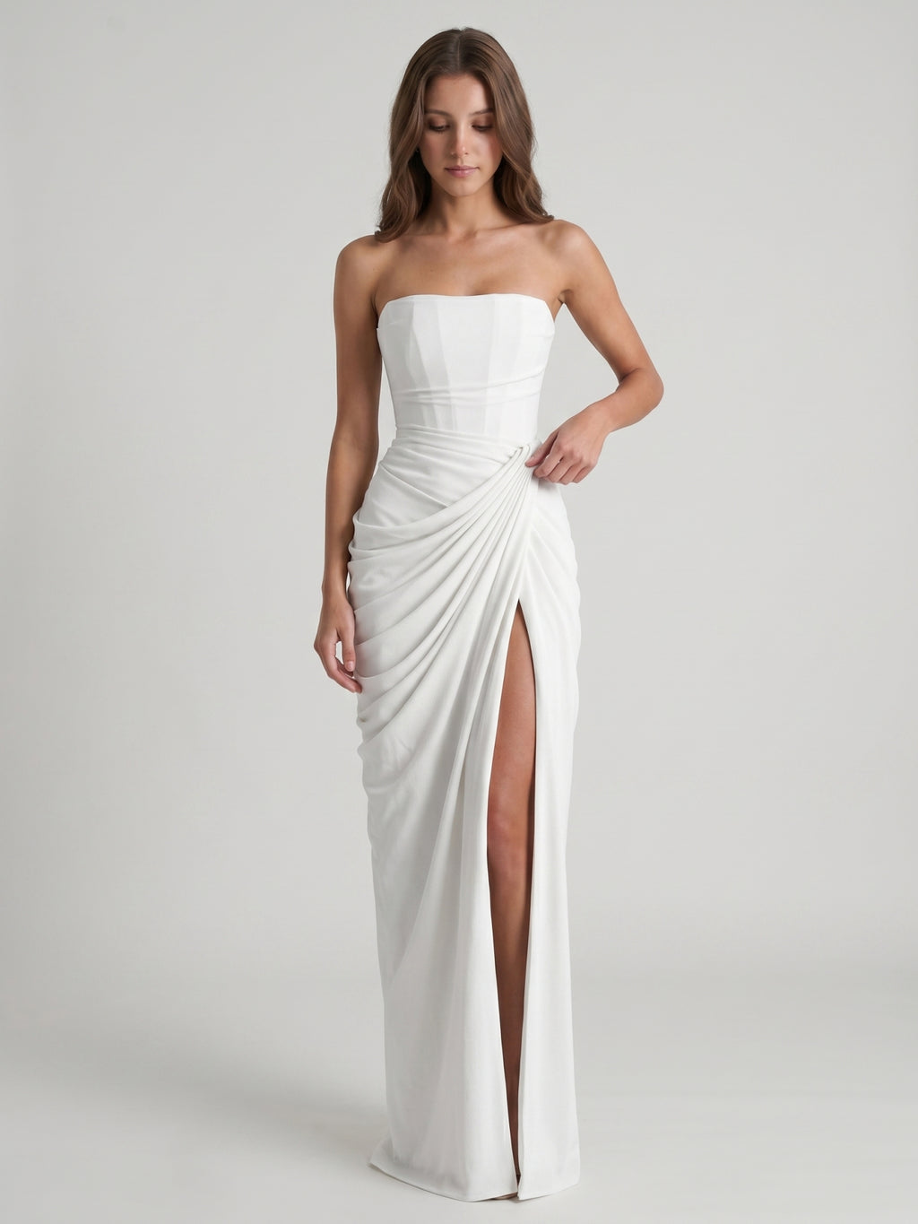 White Stretch Knit A-Line Straight Neck Corset Back Floor-Length Bridesmaid Dress with Pleats