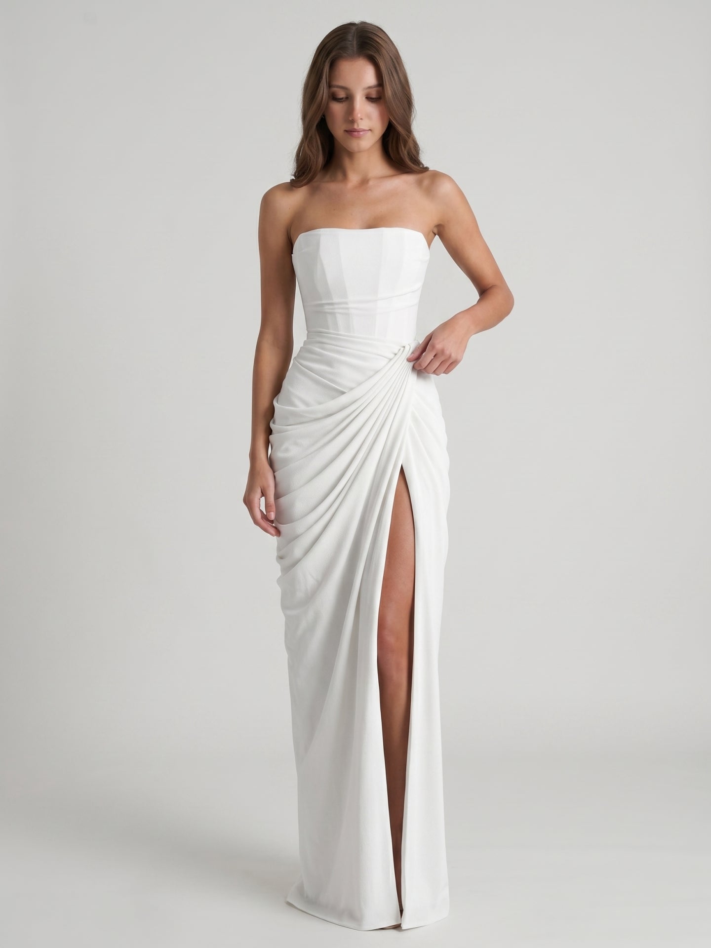 White Stretch Knit A-Line Straight Neck Corset Back Floor-Length Bridesmaid Dress with Pleats
