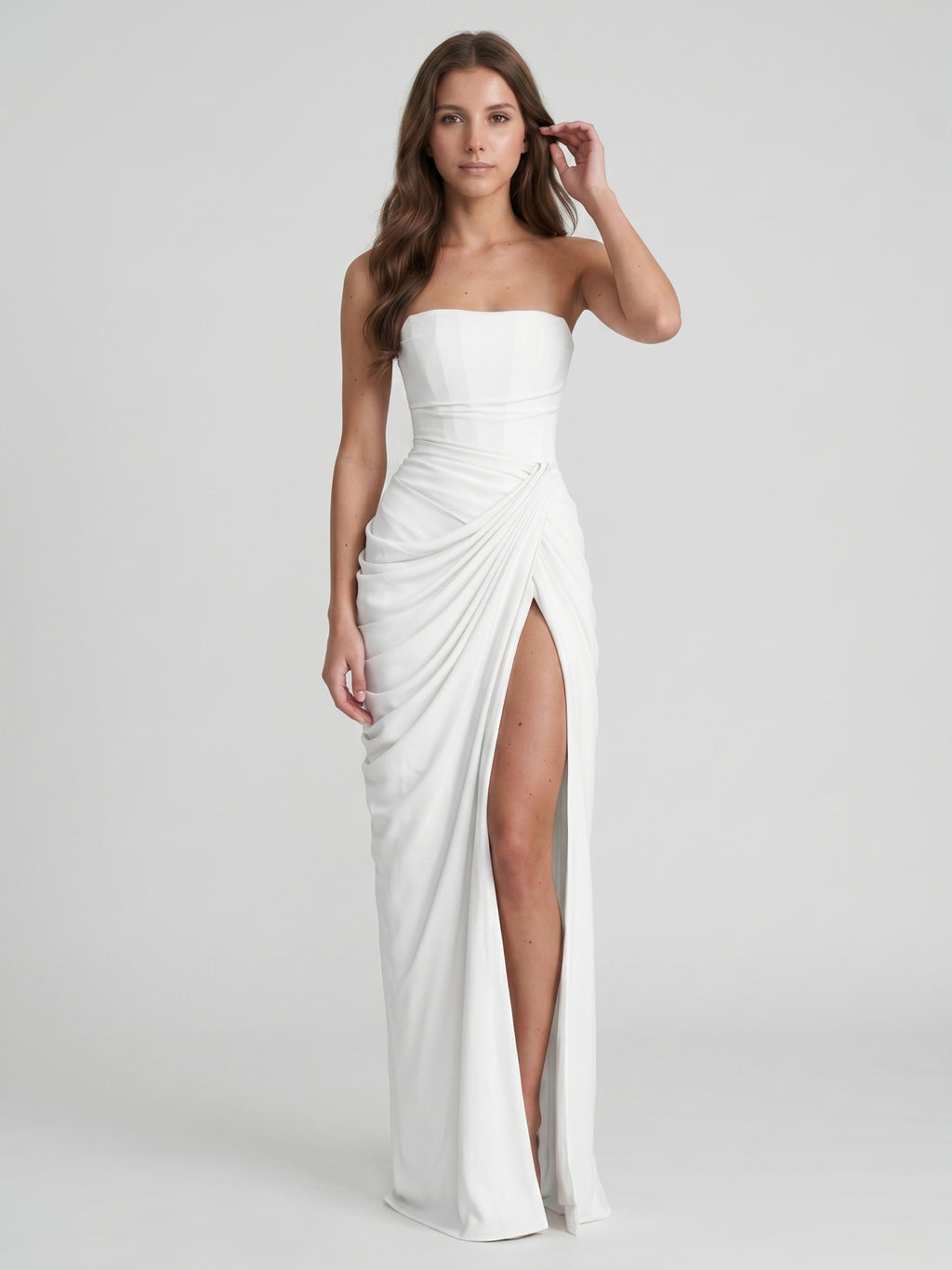 White Stretch Knit A-Line Straight Neck Corset Back Floor-Length Bridesmaid Dress with Pleats
