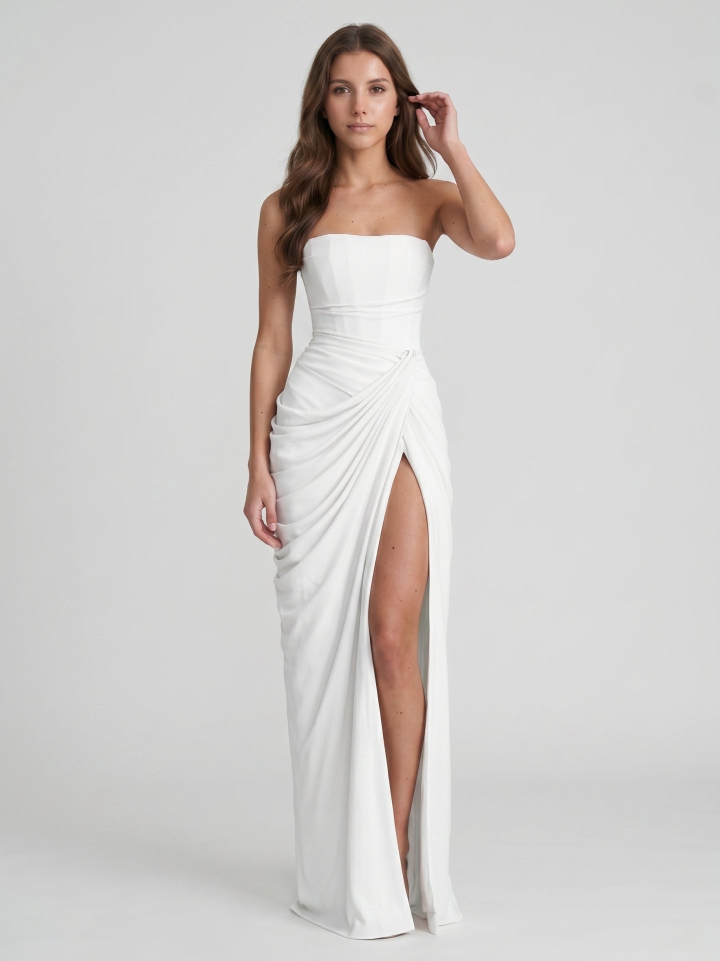 White Stretch Knit A-Line Straight Neck Corset Back Floor-Length Bridesmaid Dress with Pleats