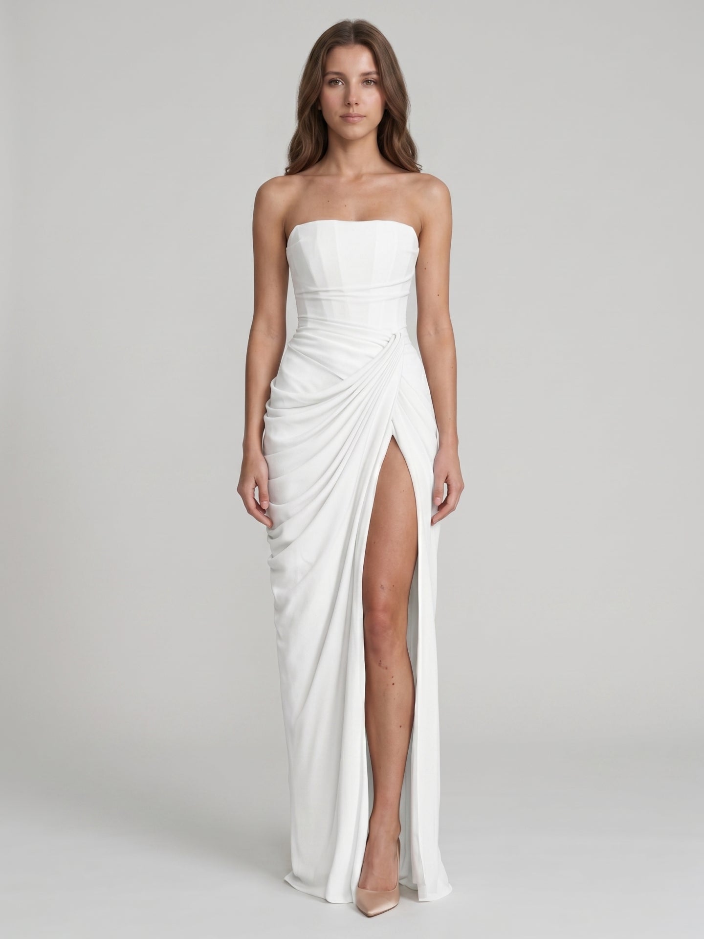 White Stretch Knit A-Line Straight Neck Corset Back Floor-Length Bridesmaid Dress with Pleats