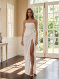 White Stretch Knit A-Line Straight Neck Corset Back Floor-Length Bridesmaid Dress with Pleats