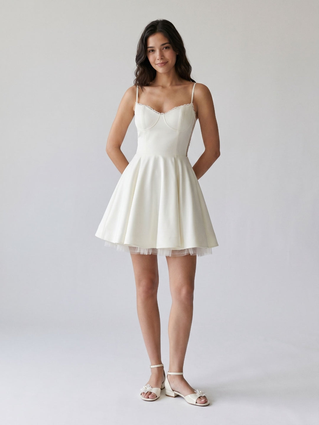 White Stretch Knit A-Line Sweetheart Back Zip Mini Homecoming Dress
