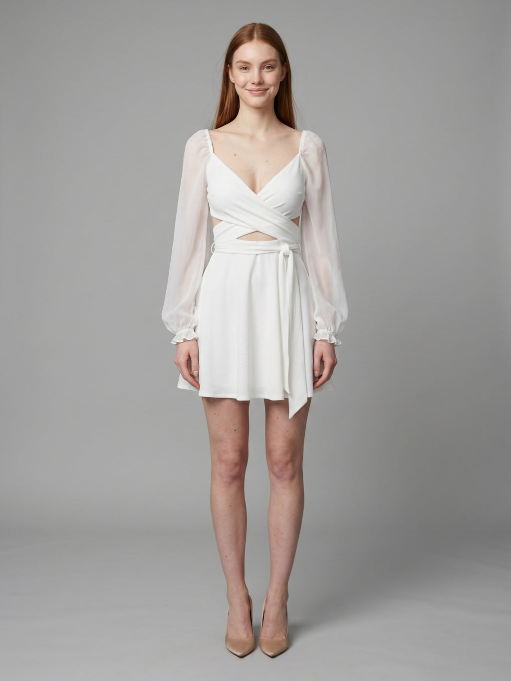 White Stretch Knit A-Line V-Neck Backless Knee-Length Bridesmaid Dress