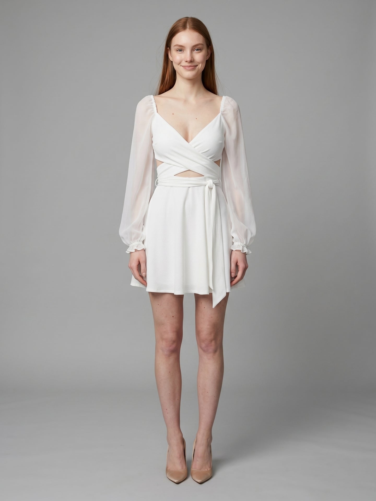 White Stretch Knit A-Line V-Neck Backless Knee-Length Bridesmaid Dress