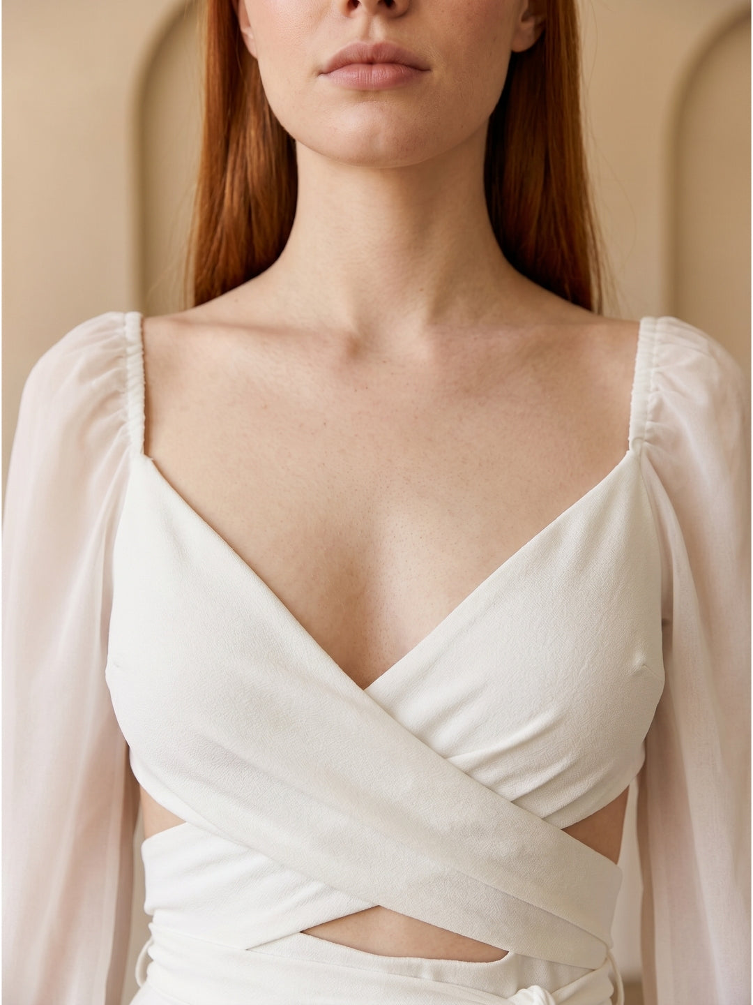 White Stretch Knit A-Line V-Neck Backless Knee-Length Bridesmaid Dress
