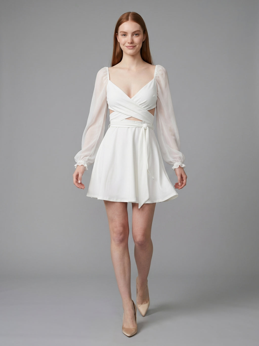 White Stretch Knit A-Line V-Neck Backless Knee-Length Bridesmaid Dress